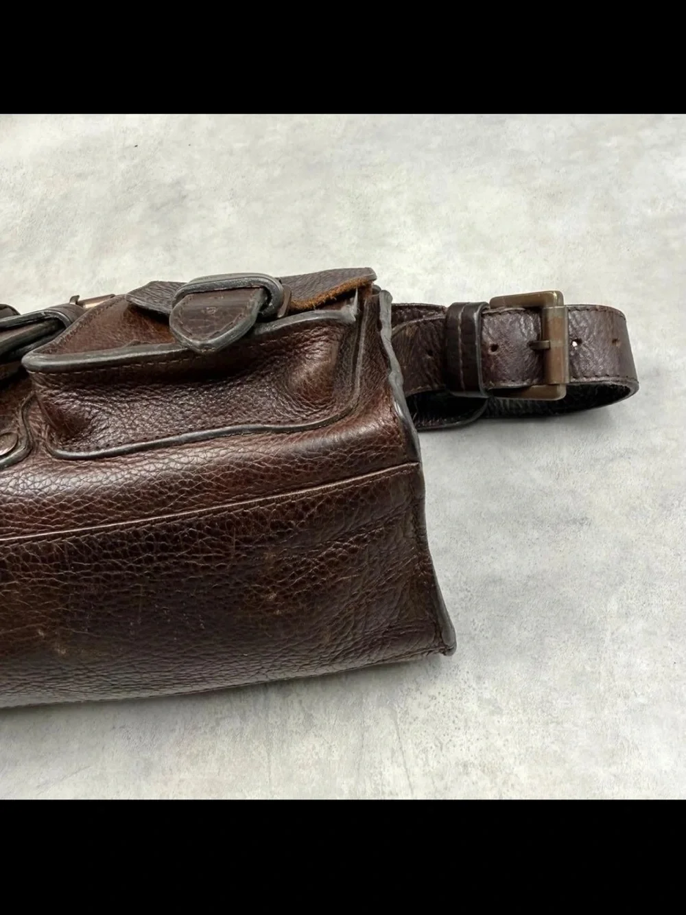 Mulberry Dark Brown Pebbled Leather Shoulder Bag with Buckle Pockets